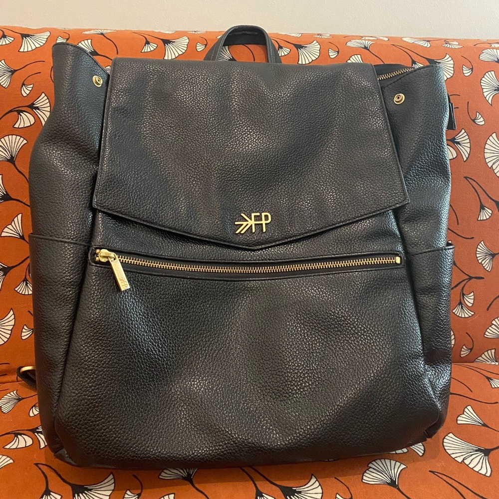 Black leather Freshly Picked backpack / diaper bag.